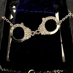 Mini Hand-Cuffs Silver Necklace 16 Inch with Rhinestones